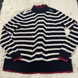 Ann Taylor LOFT womens M blue striped knit sweater shoulder accent